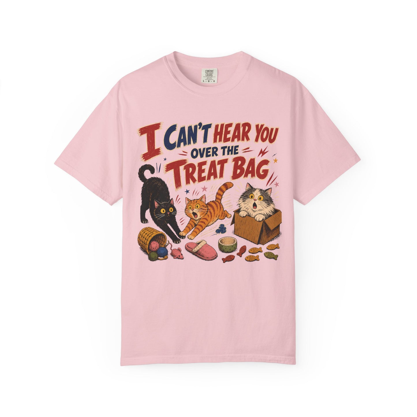 Halloween Cat Treats T-Shirt — "I Can't Hear You Over the Treat Bag" Cute Cat Halloween Tee