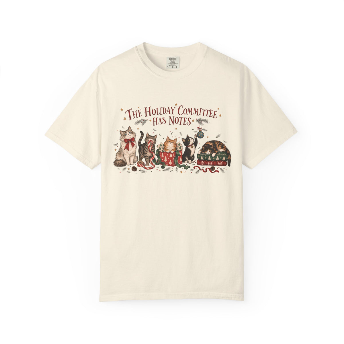 Holiday Committee Cats T-Shirt — "The Holiday Committee Has Notes" Cute Festive Cat Crew Tee