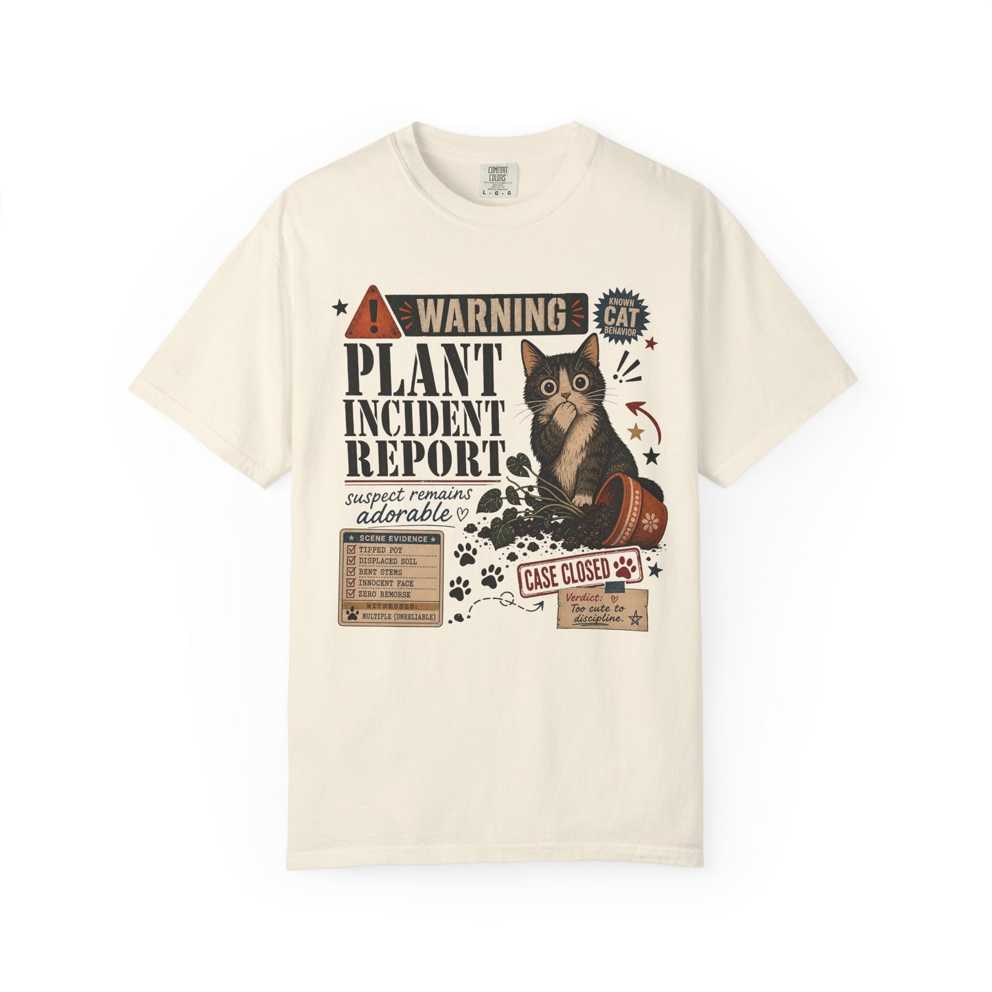 Plant Incident Report Cat T-Shirt – Cute ‘Case Closed’ Gardening Cat Graphic Tee