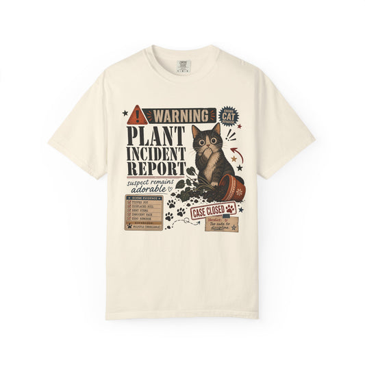 Plant Incident Report Cat T-Shirt – Cute ‘Case Closed’ Gardening Cat Graphic Tee