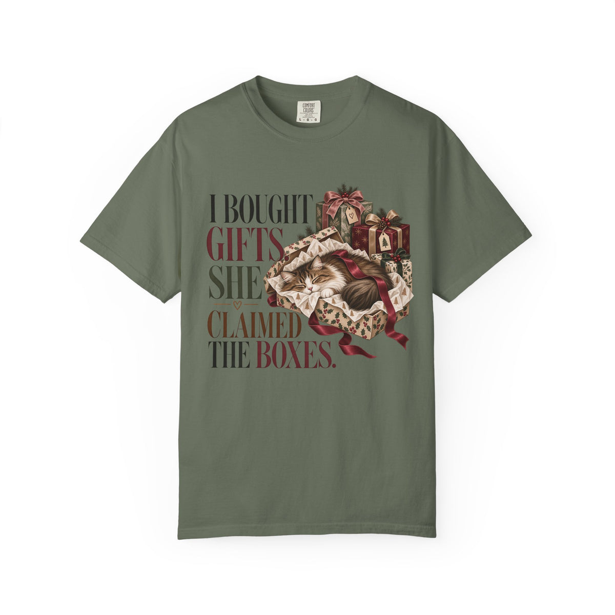 Holiday Cat T-Shirt — "I Bought Gifts, She Claimed the Boxes" Funny Christmas Tee