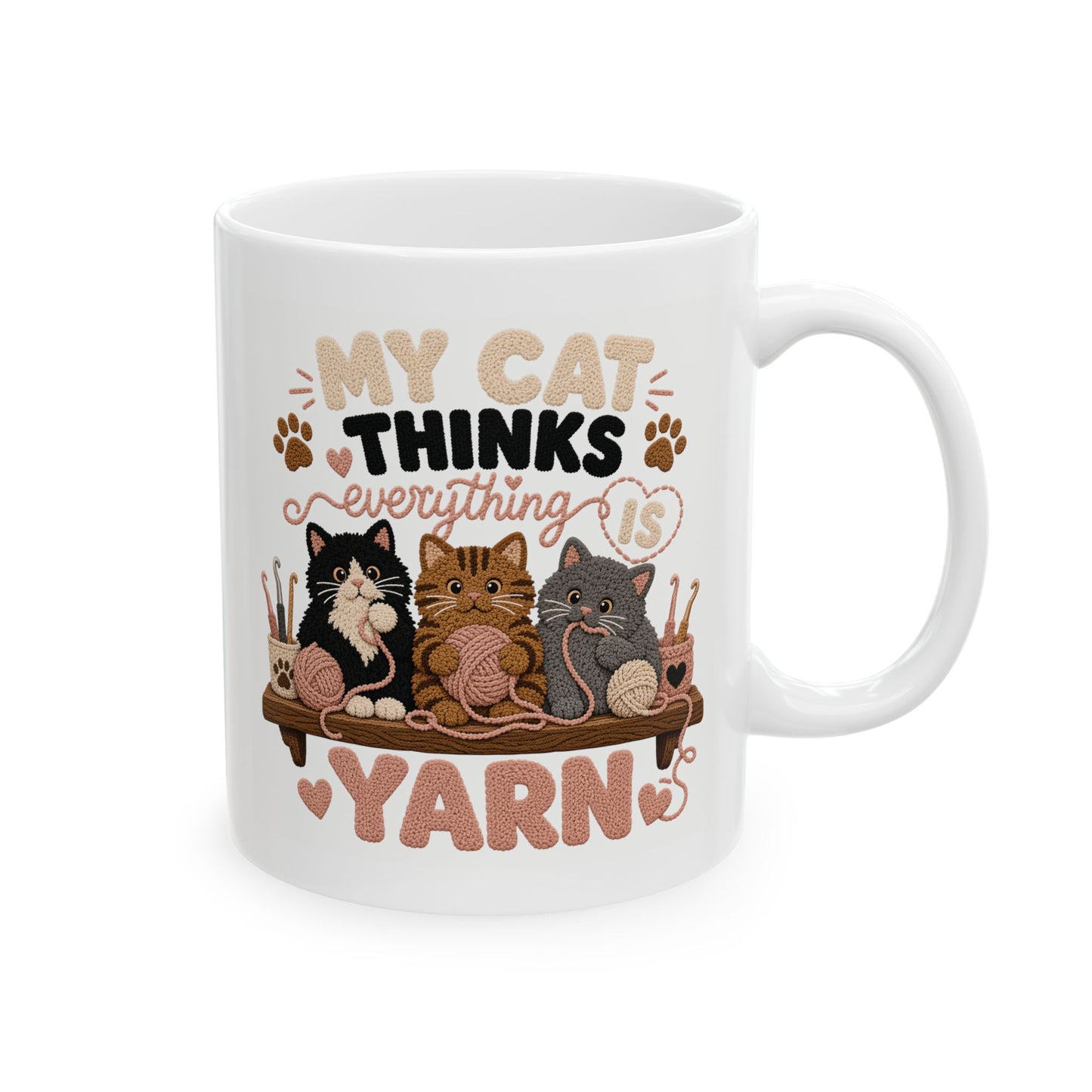 Cat Mom Ceramic Mug — Cozy Coffee Tea Cup with Cats, Yarn & Paw Prints