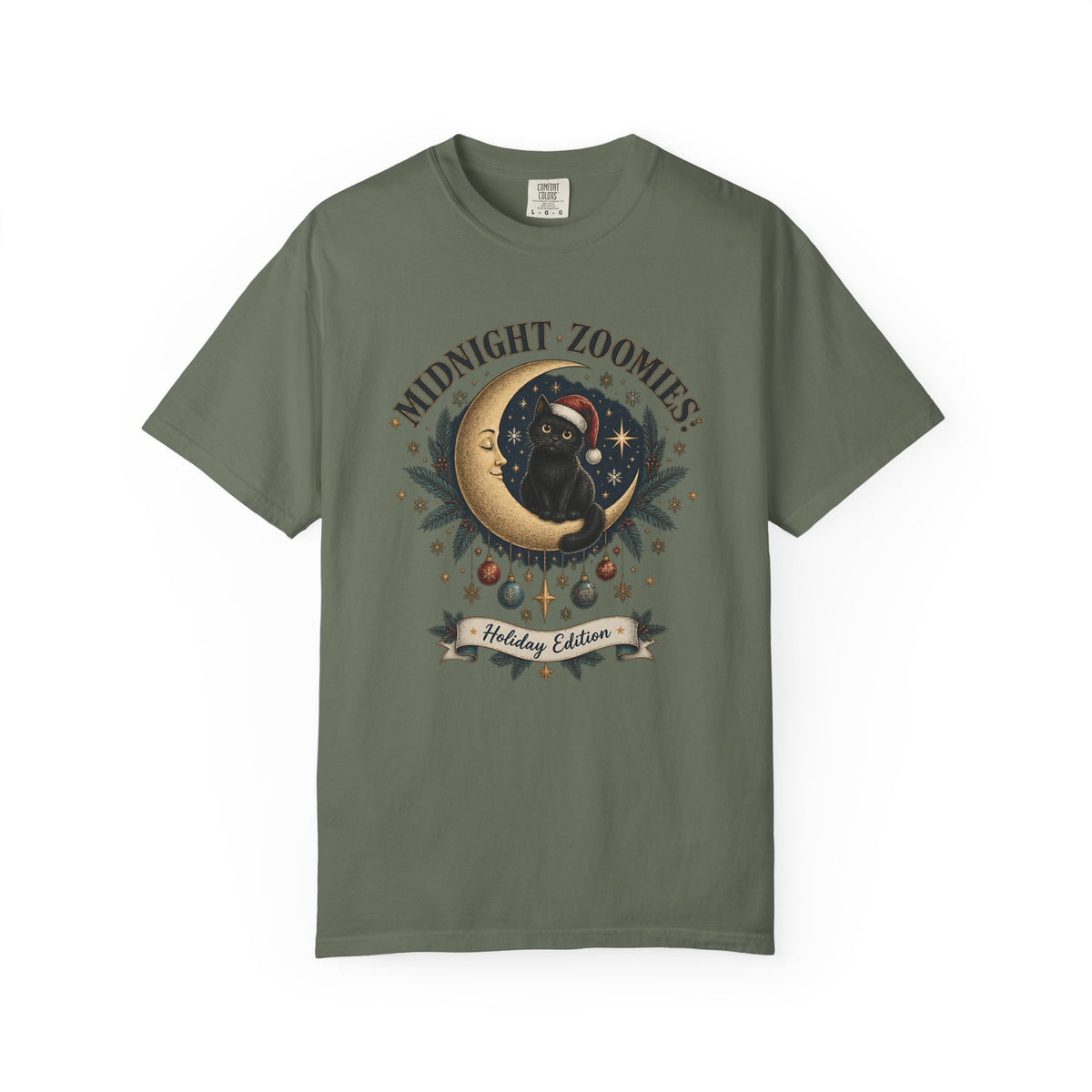 Midnight Zoomies Holiday Tee — Cute Black Cat on Crescent Moon Graphic T-Shirt