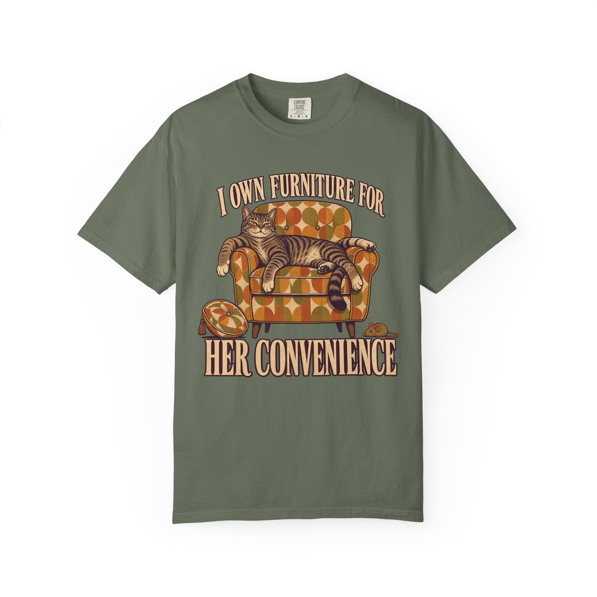 Cat Lover T‑Shirt – "I Own Furniture For Her Convenience" Vintage Cat Graphic Tee