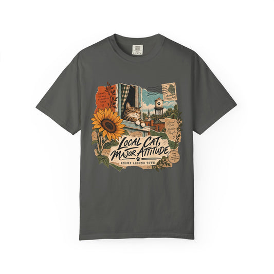 Graphic T‑Shirt — 'Local Cat, Major Attitude' Vintage Sunflower Tee