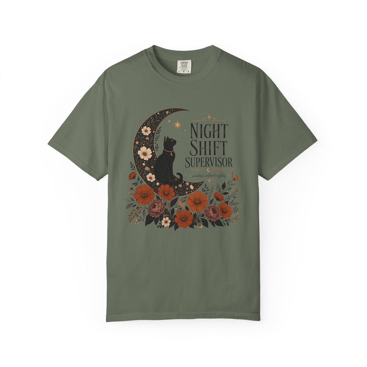 Night Shift Supervisor T-Shirt — Moon Cat Floral Crew Tee