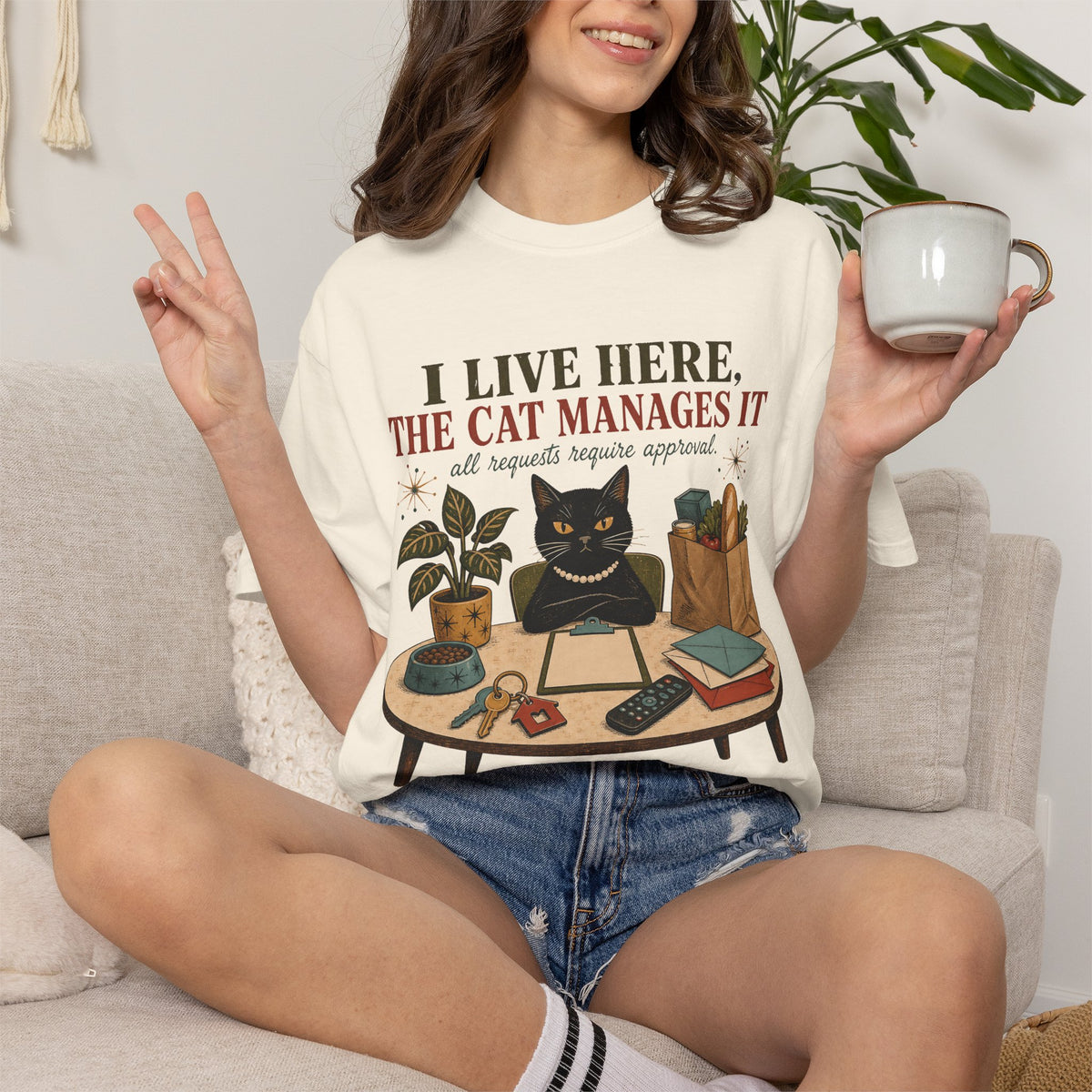 Cat Management T-Shirt — "I Live Here, The Cat Manages It"