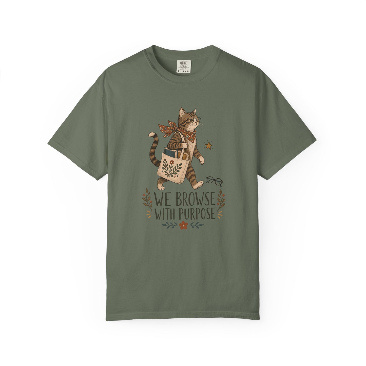 Cat Shopper T-Shirt — “We Browse With Purpose” Cute Bookish Cat Tee