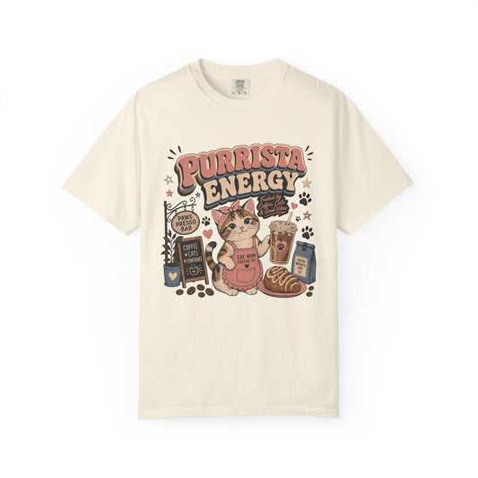 Purrista Energy T-Shirt — Cute Cat Coffee Lover Tee