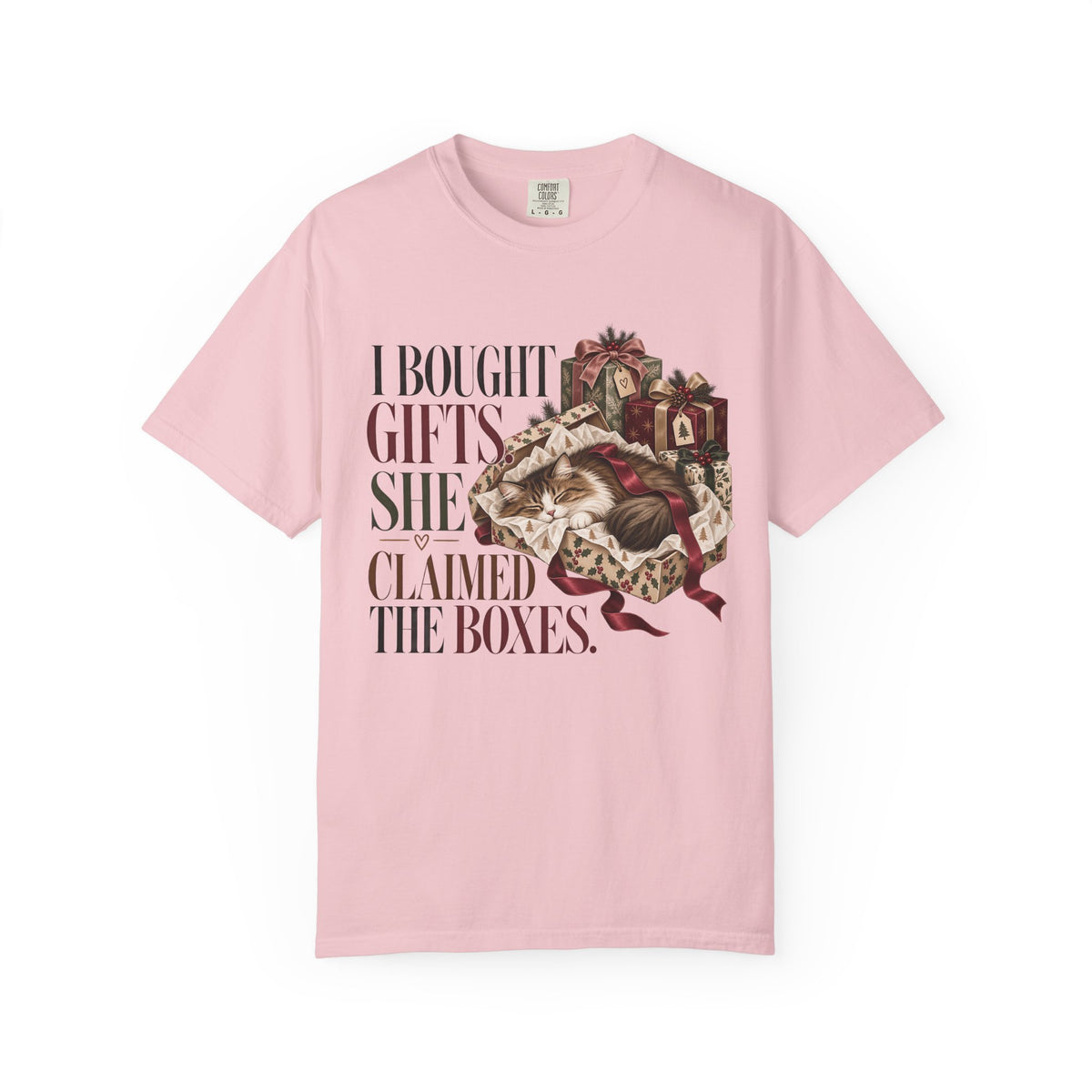 Holiday Cat T-Shirt — "I Bought Gifts, She Claimed the Boxes" Funny Christmas Tee