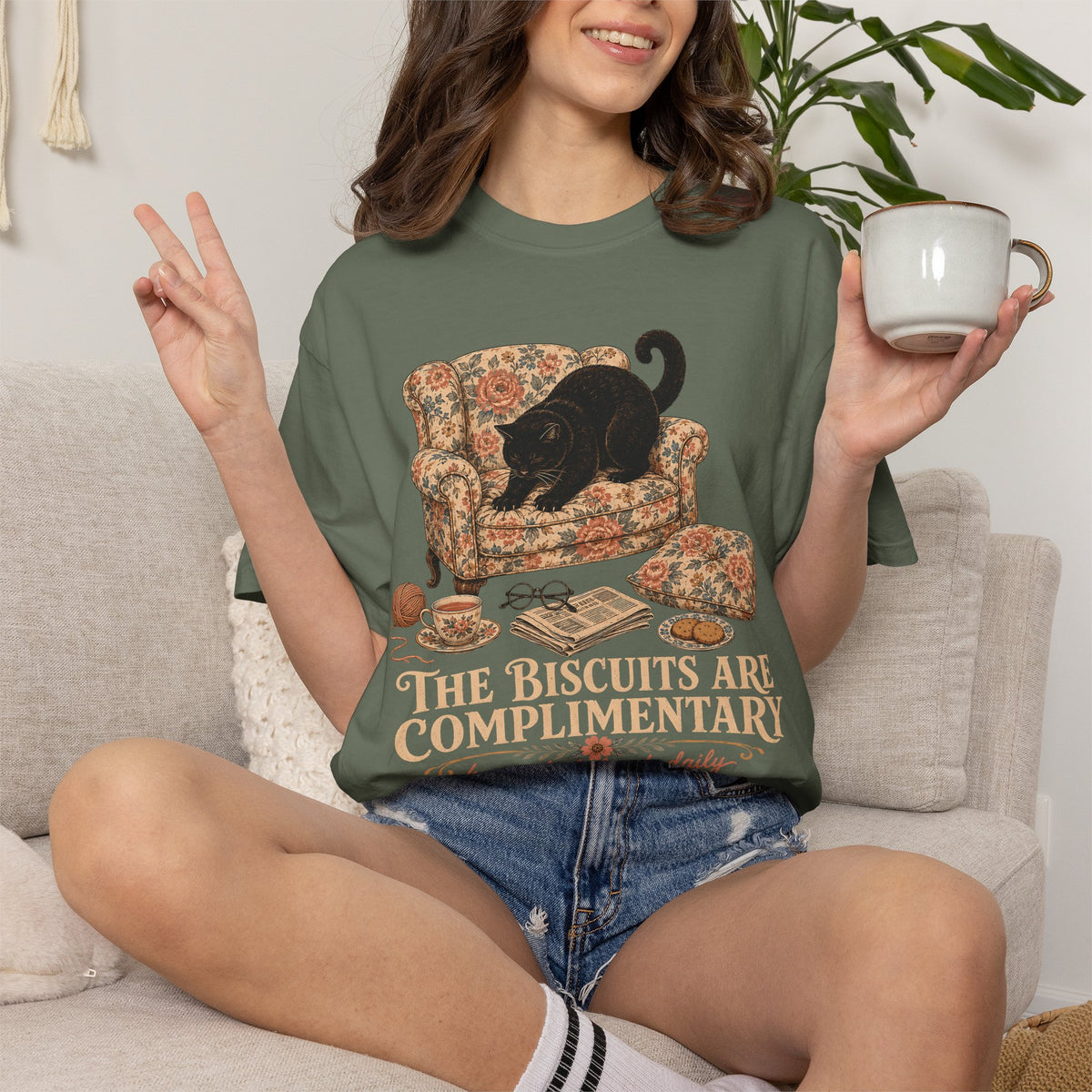 “The Biscuits Are Complimentary” Cat T‑Shirt — Vintage Cozy Graphic Tee