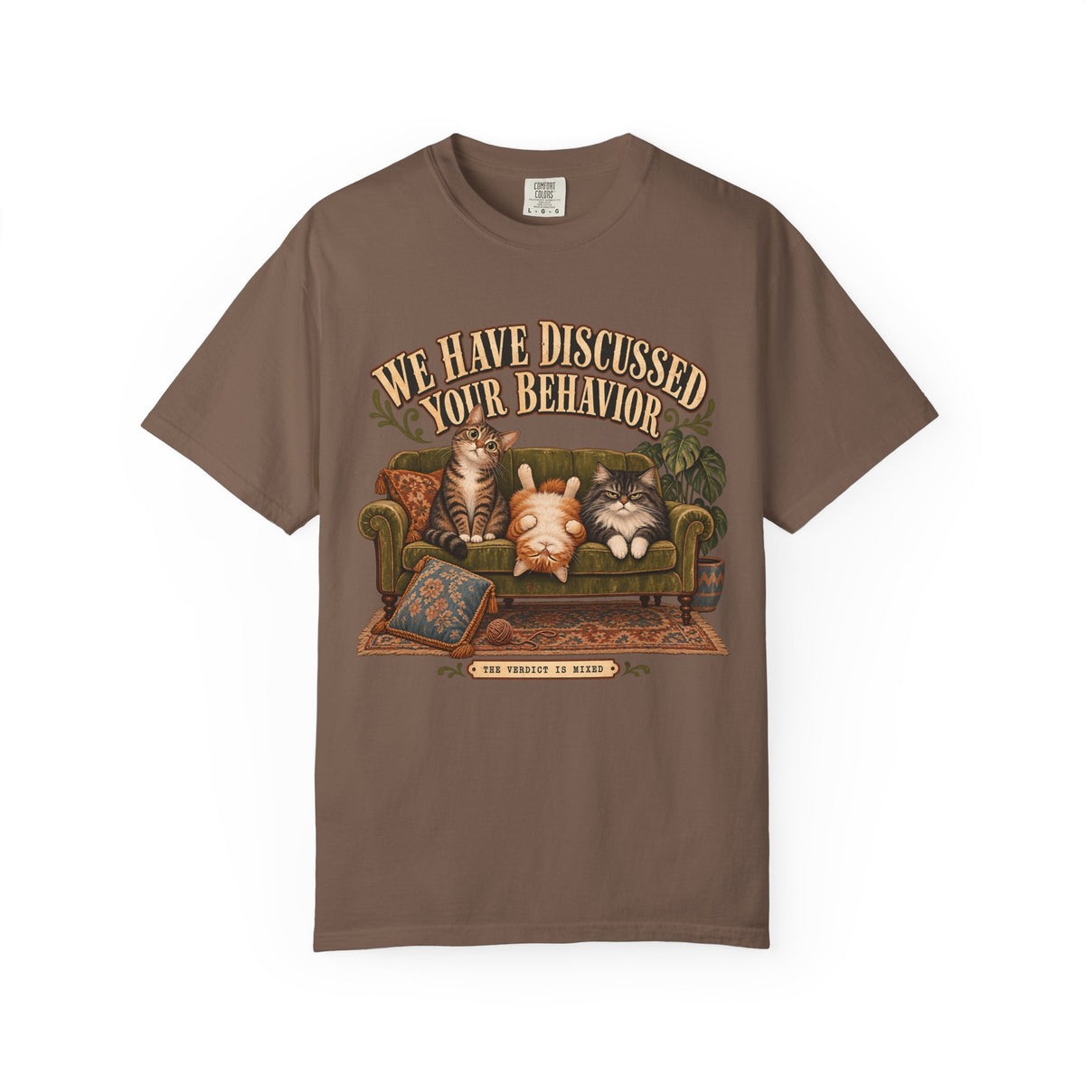 Cat Therapy T-Shirt — "We Have Discussed Your Behavior" Vintage Sofa Graphic