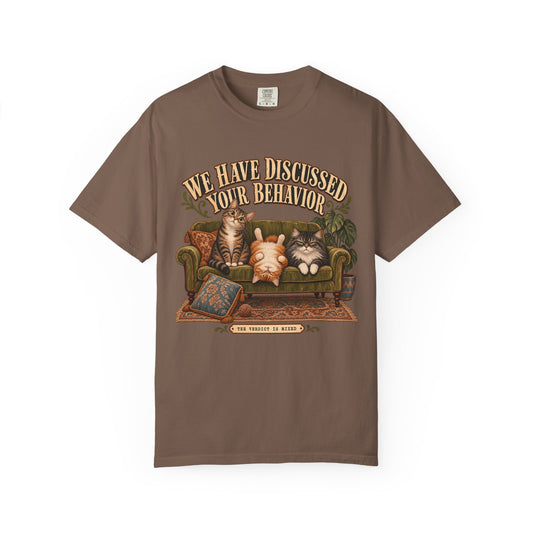 Cat Therapy T-Shirt — "We Have Discussed Your Behavior" Vintage Sofa Graphic