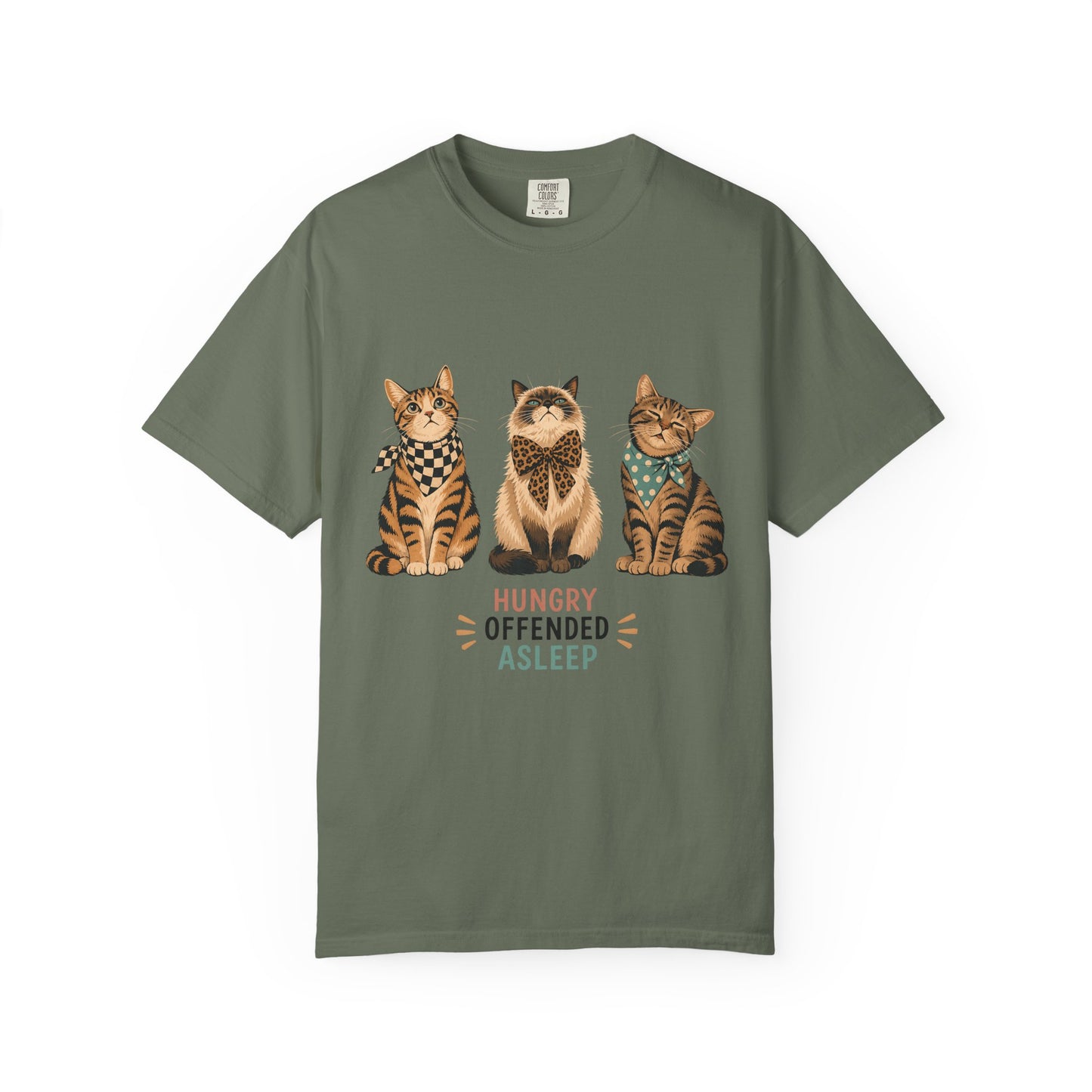 Cat Trio T-Shirt — 'Hungry Offended Asleep' Cute Retro Cat Graphic Tee