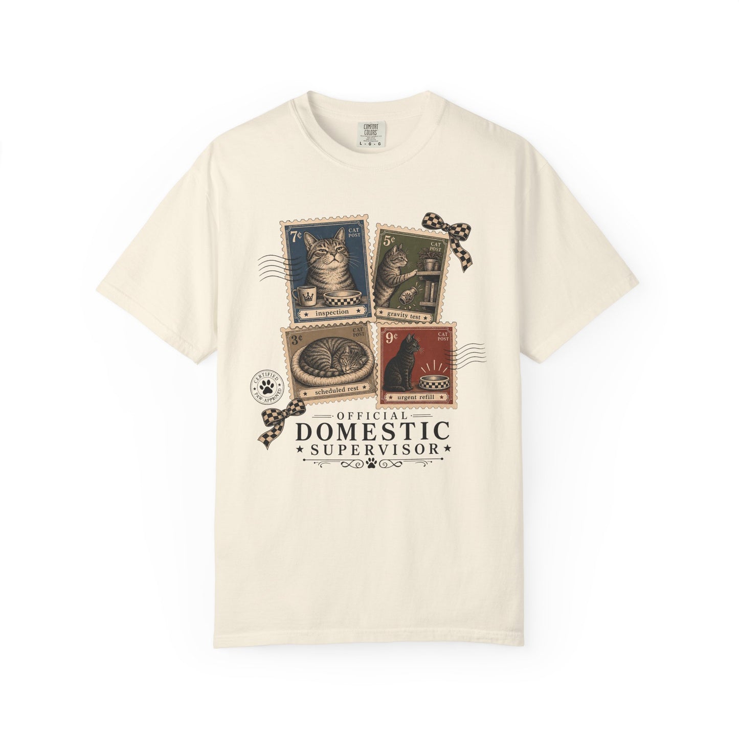 Domestic Supervisor Cat T-Shirt — Vintage Stamp Cat Lover Tee