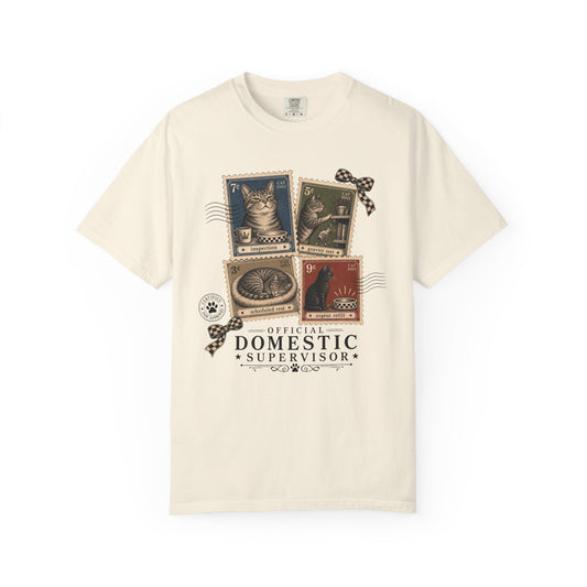 Domestic Supervisor Cat T-Shirt — Vintage Stamp Cat Lover Tee