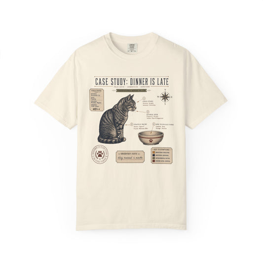Cat Case Study T-Shirt — “Dinner Is Late” Vintage Veterinary Diagram Tee