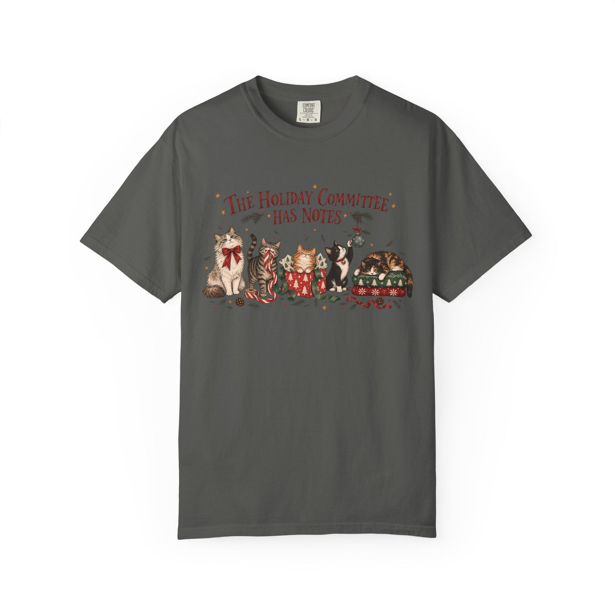 Holiday Committee Cats T-Shirt — "The Holiday Committee Has Notes" Cute Festive Cat Crew Tee