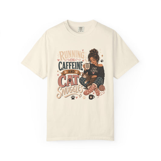 Cat Lover T-Shirt — "Running on Caffeine and Cat Snuggles" Cozy Graphic Tee