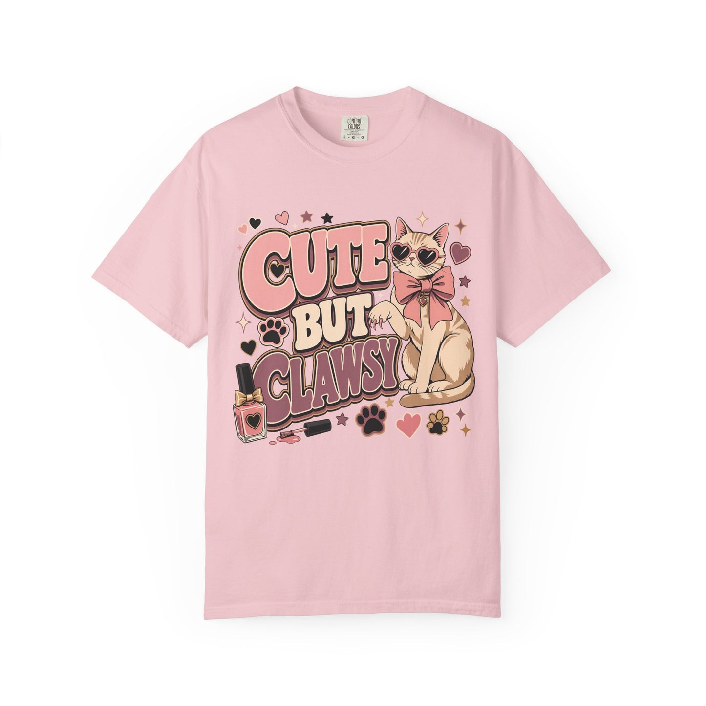 Cute But Clawsy Cat T-Shirt — Cute Cat with Nail Polish & Bow Graphic