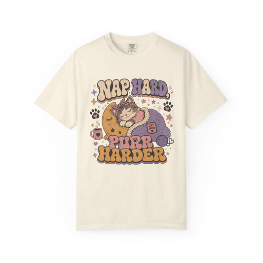 Cat Nap T-Shirt — "Nap Hard Purr Harder" Retro Cute Cat Graphic Tee