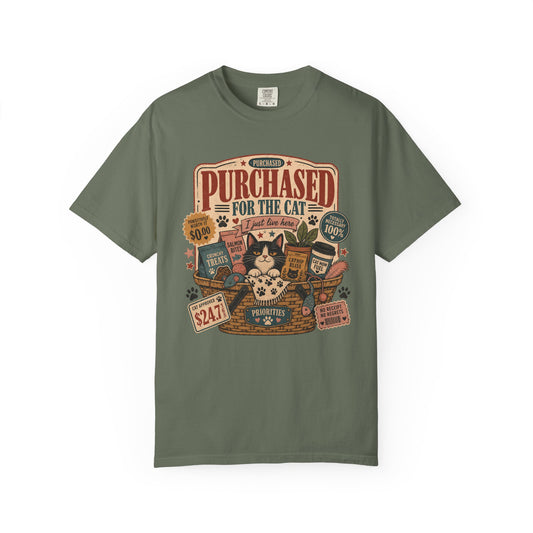Cat Lover T-Shirt — "Purchased for the Cat" Vintage Pet Humor Tee