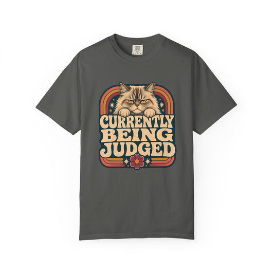 Currently Being Judged Cat T-Shirt — Retro Vintage Cat Humor Tee