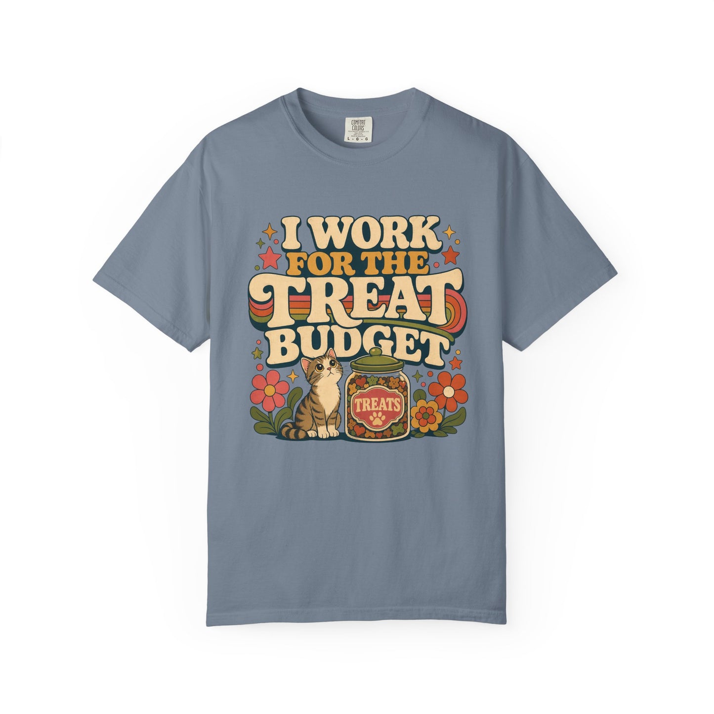 I Work for the Treat Budget T-Shirt — Retro Cat Treats Graphic Tee