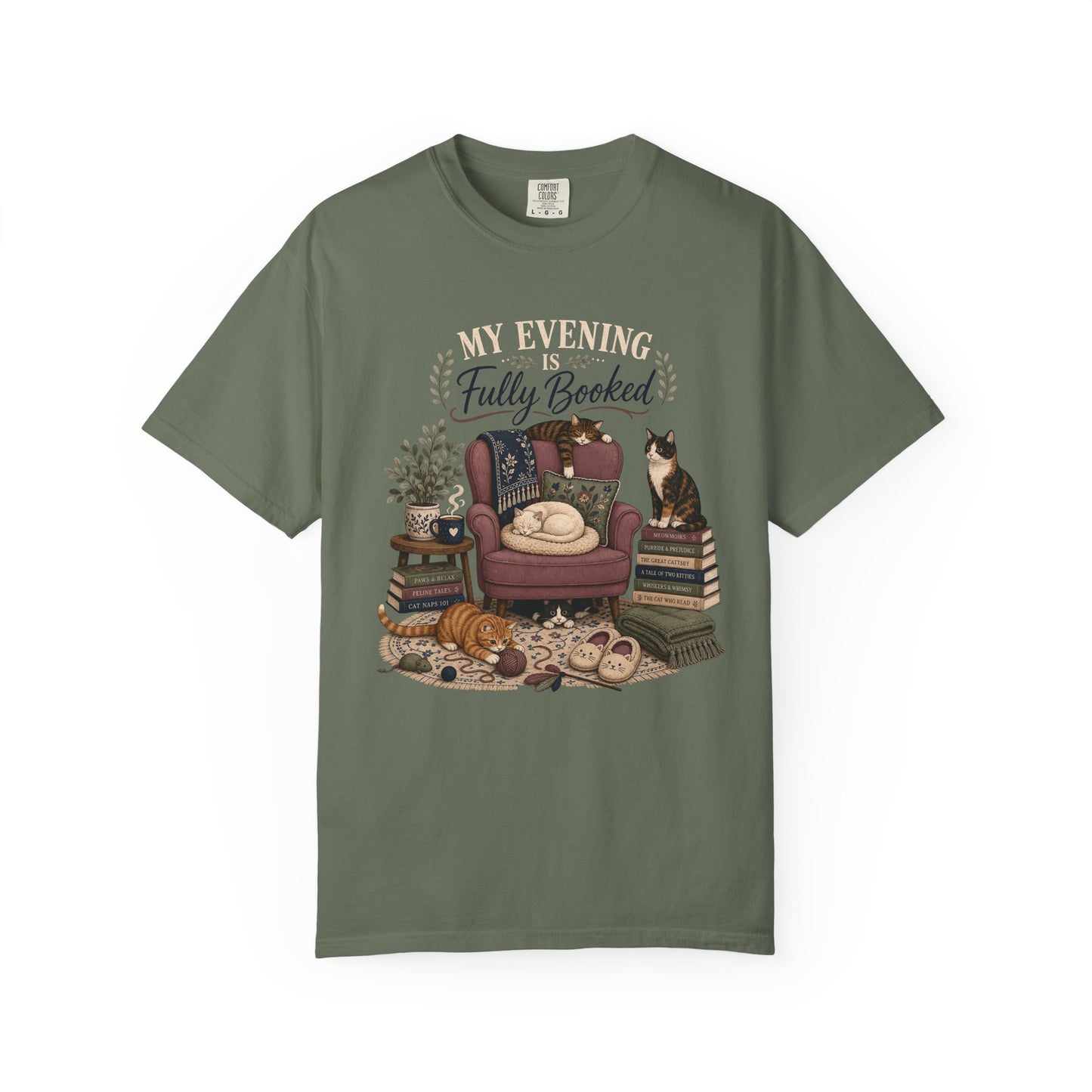 “My Evening Is Fully Booked” Cozy Reading Tee with Cats & Books