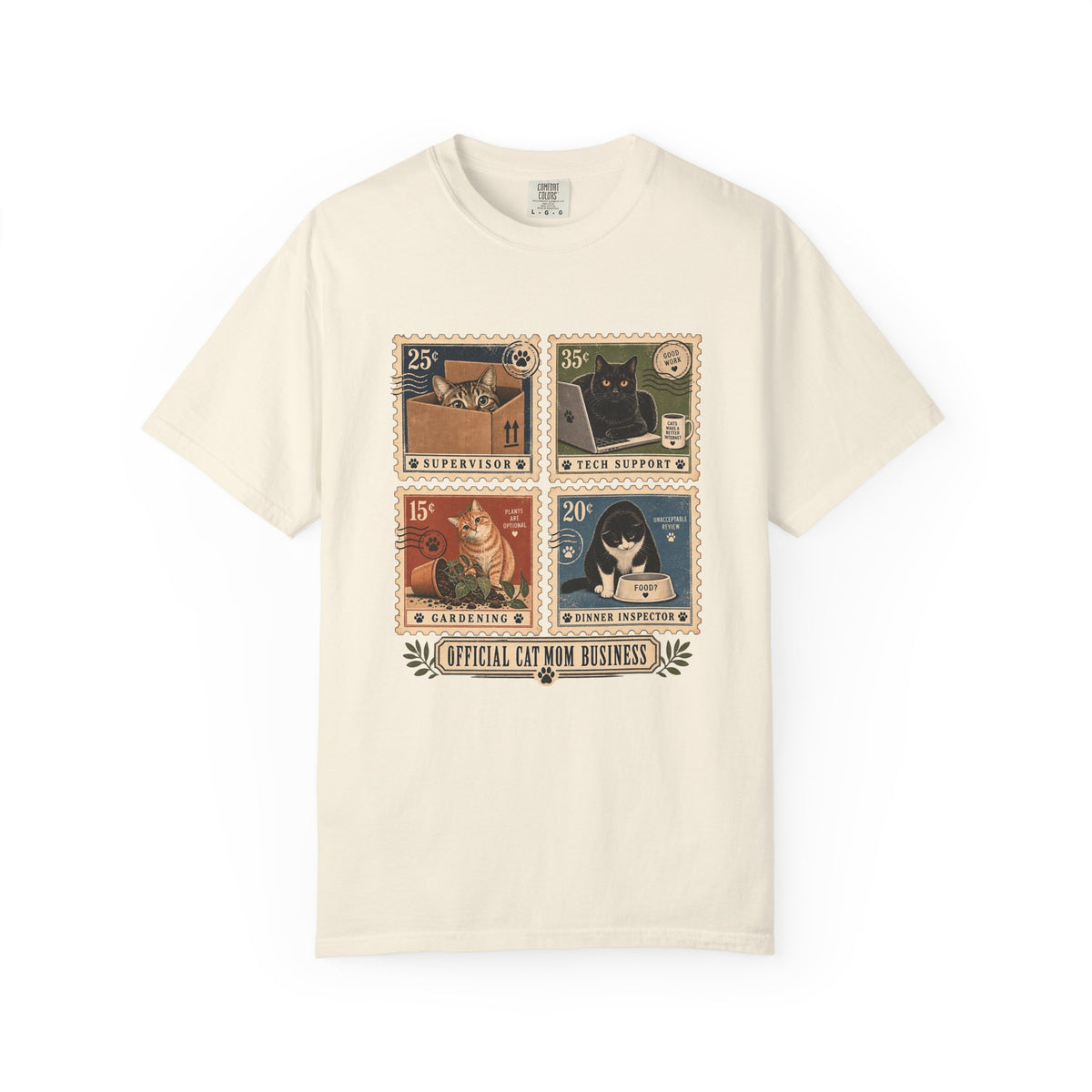 Cat Stamp Graphic T-Shirt — "Official Cat Mom Business" Vintage Postage Design