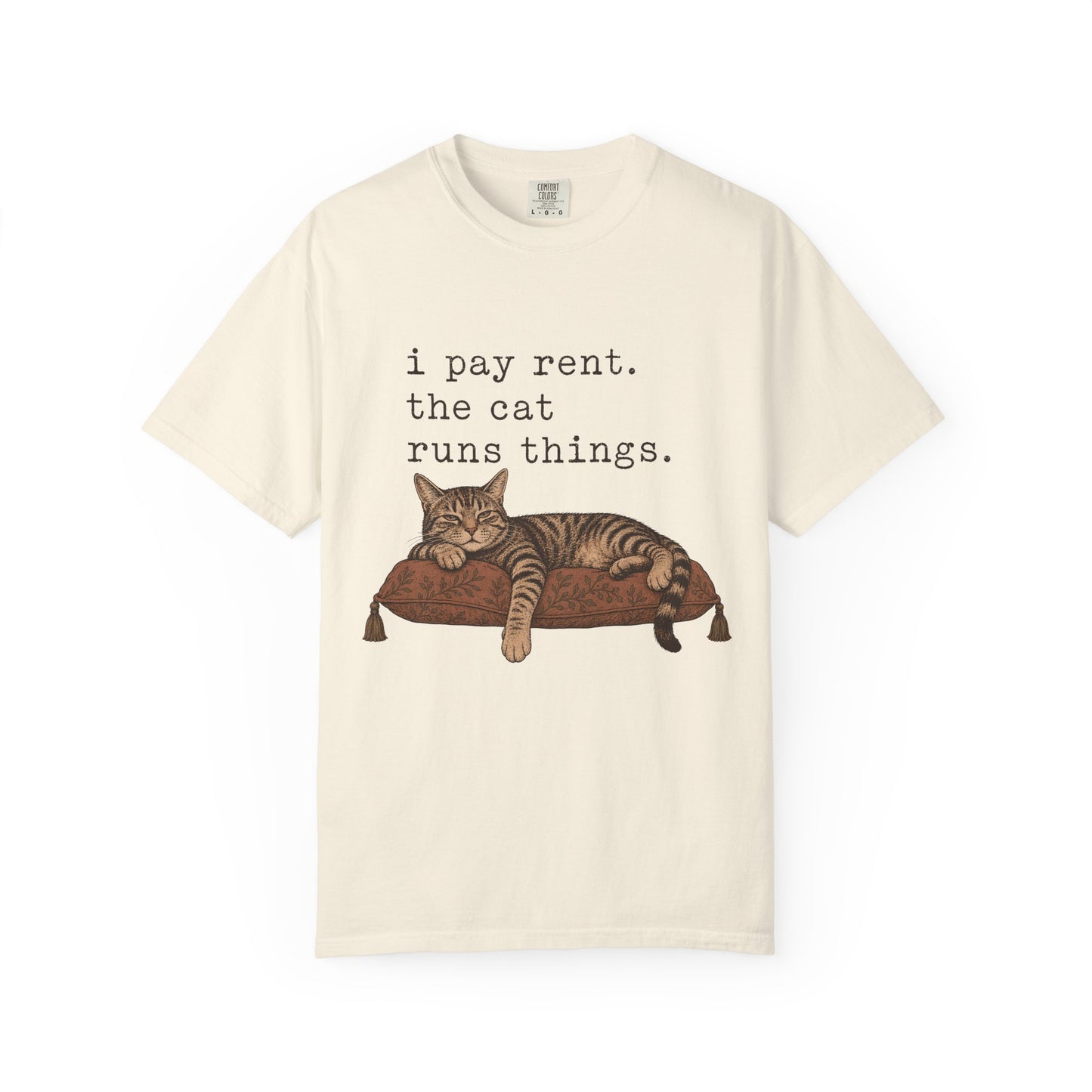 Cat Owner T-Shirt — "I Pay Rent. The Cat Runs Things." Vintage Cat Graphic Tee