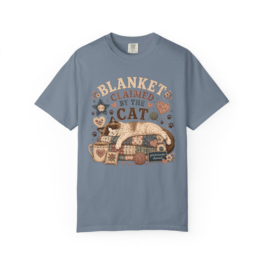 Cat Lover Tee — "Blanket Claimed by the Cat" Cozy Vintage Graphic T-Shirt