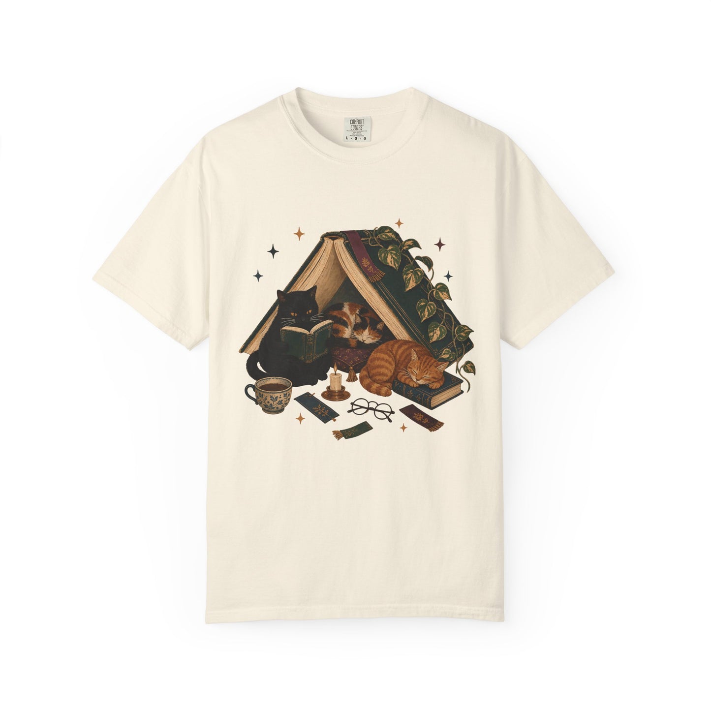 Bookish Cats T-Shirt — Cozy Reading Graphic Tee with Cats, Books & Tea
