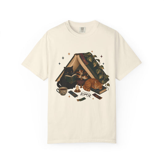 Bookish Cats T-Shirt — Cozy Reading Graphic Tee with Cats, Books & Tea