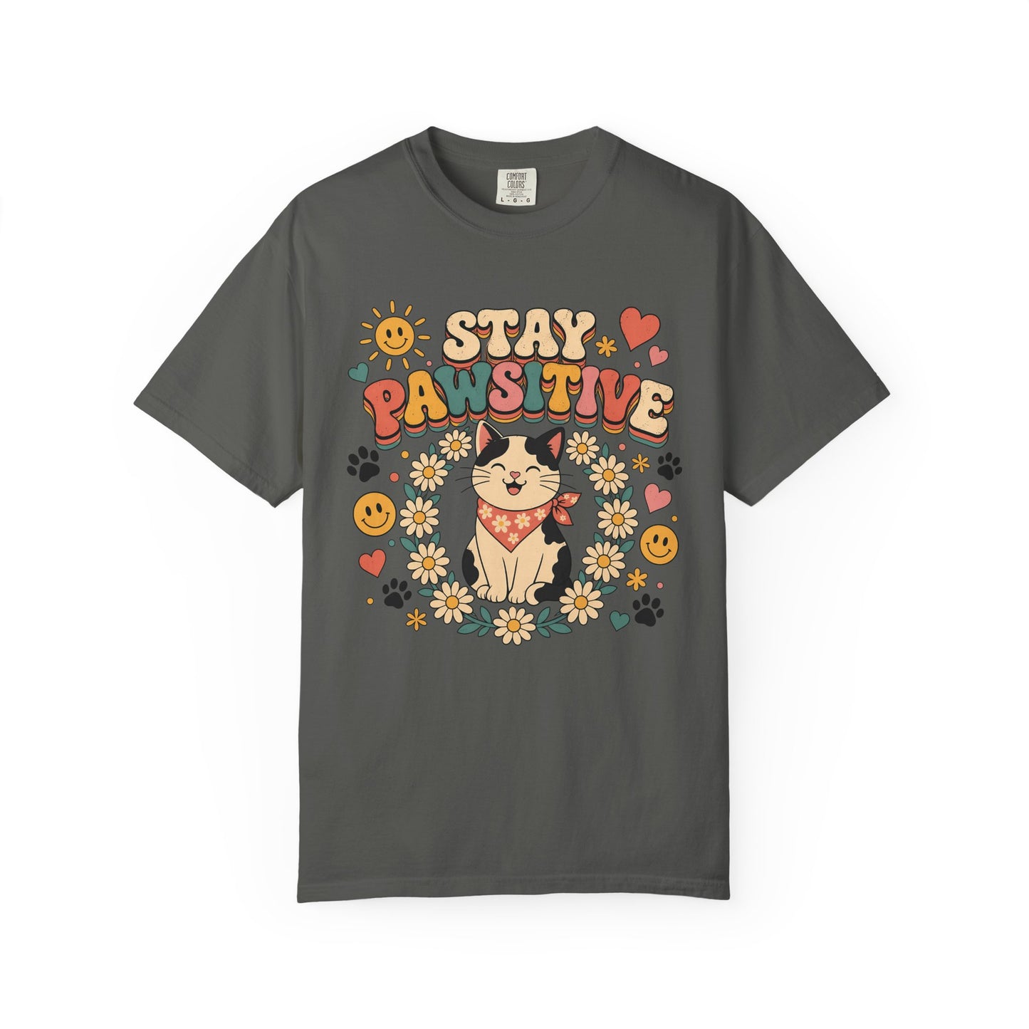Stay Pawsitive Cat T-Shirt — Retro Floral Cute Kitten Tee