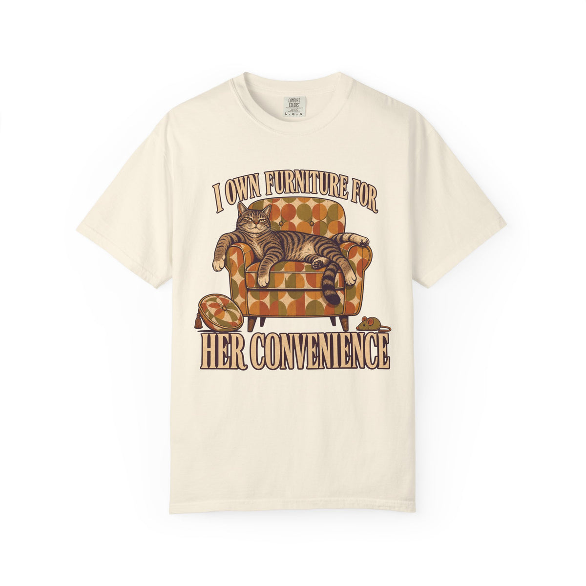Cat Lover T‑Shirt – "I Own Furniture For Her Convenience" Vintage Cat Graphic Tee