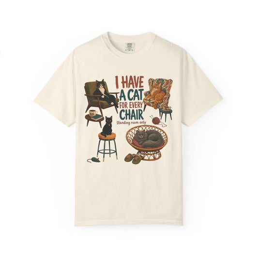 Cat Lover T‑Shirt — "I Have a Cat for Every Chair" Illustrated Tee