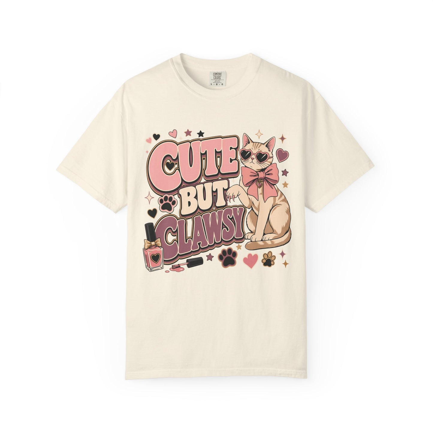 Cute But Clawsy Cat T-Shirt — Cute Cat with Nail Polish & Bow Graphic