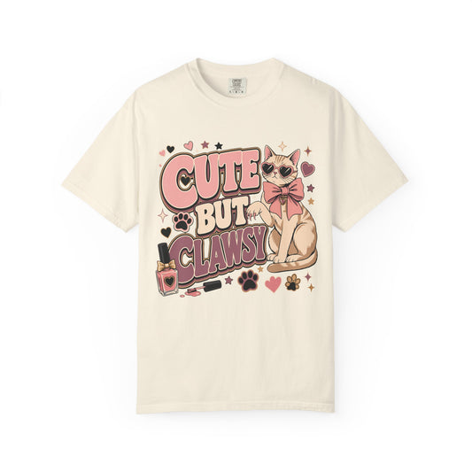 Cute But Clawsy Cat T-Shirt — Cute Cat with Nail Polish & Bow Graphic