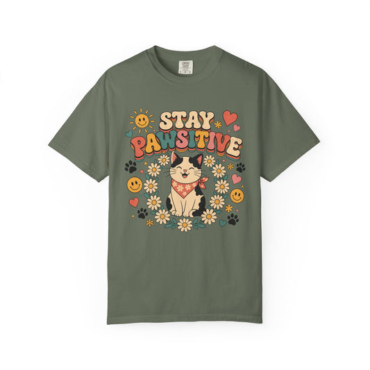 Stay Pawsitive Cat T-Shirt — Retro Floral Cute Kitten Tee