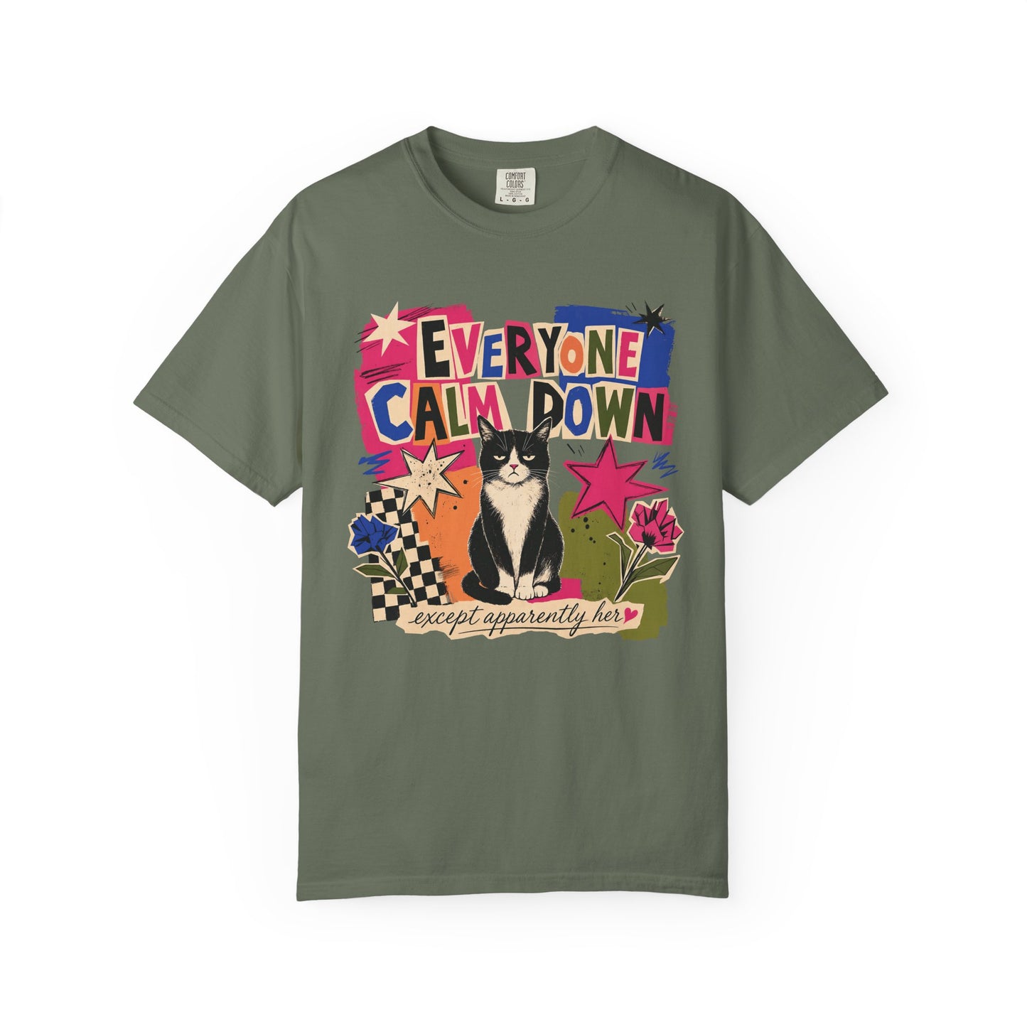 Everyone Calm Down Cat T-Shirt — Funny Graphic Tee with Sassy Cat