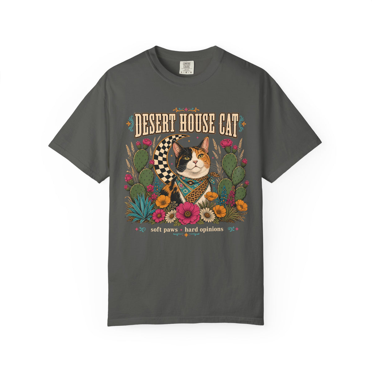 Desert House Cat T-Shirt — Vintage Calico Cat & Cactus Graphic