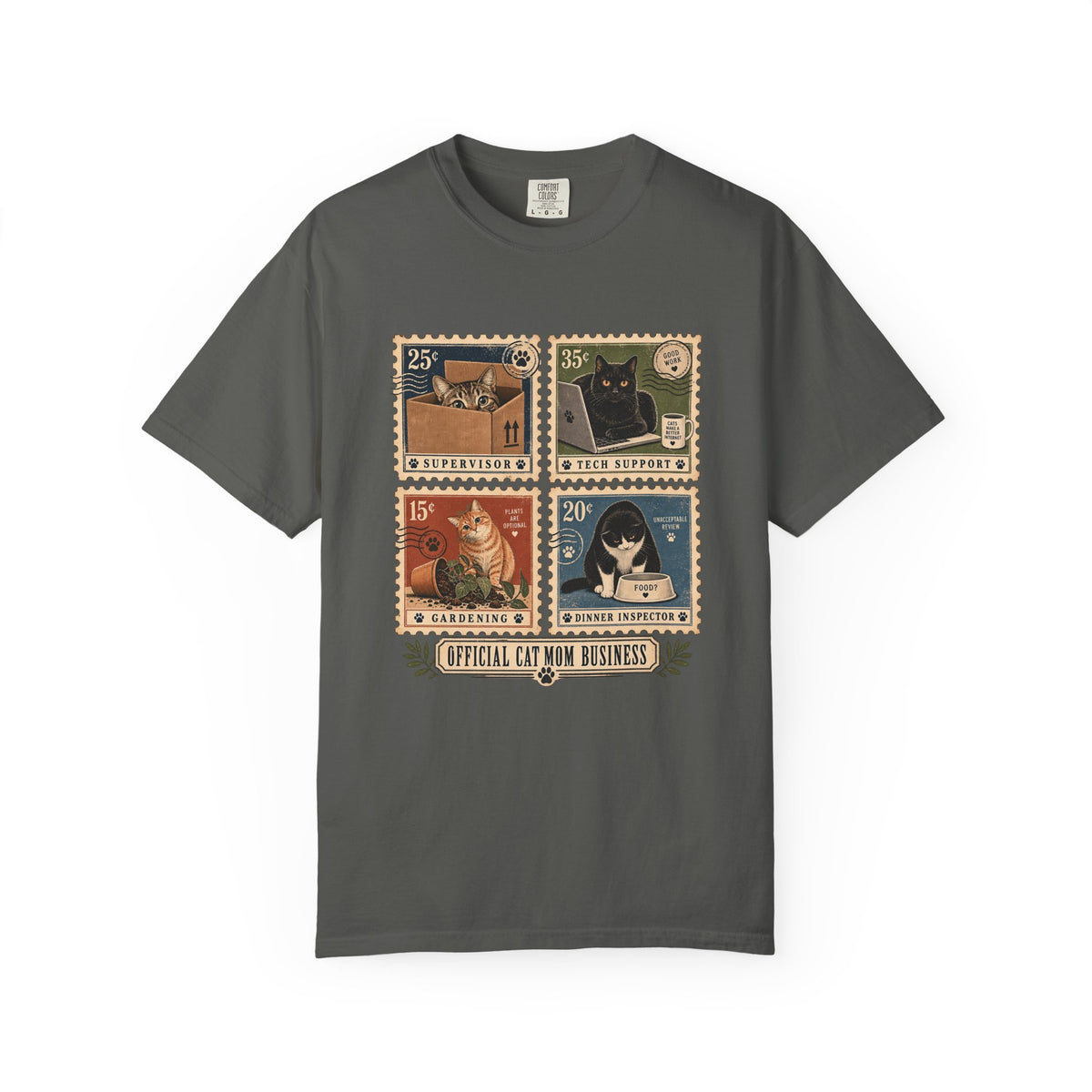 Cat Stamp Graphic T-Shirt — "Official Cat Mom Business" Vintage Postage Design