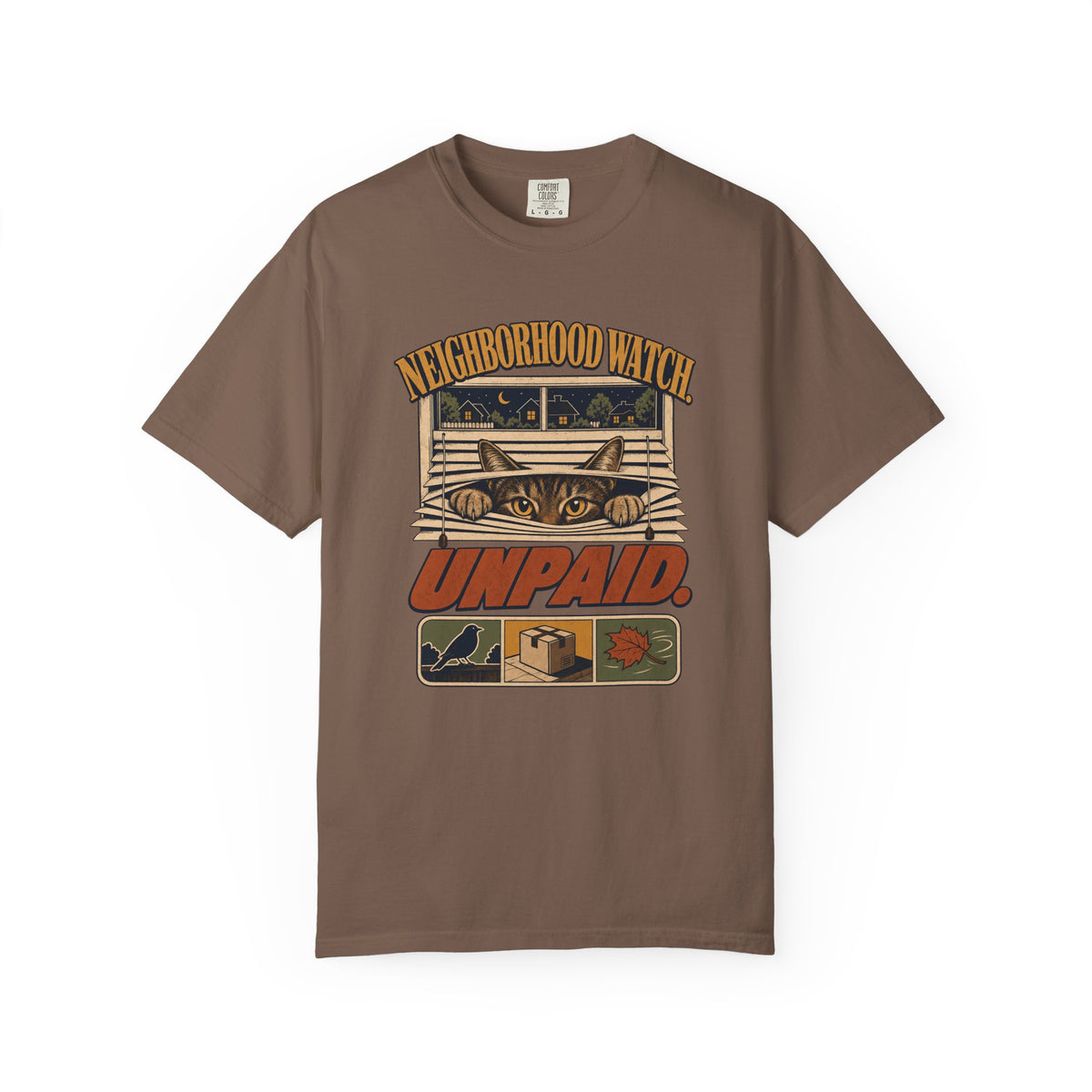 Neighborhood Watch "Unpaid" Graphic T-Shirt — Cat Peeking Parcel Delivery Design