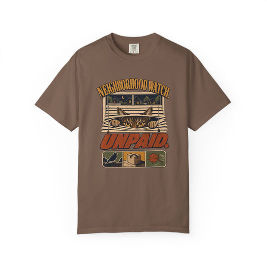 Neighborhood Watch "Unpaid" Graphic T-Shirt — Cat Peeking Parcel Delivery Design