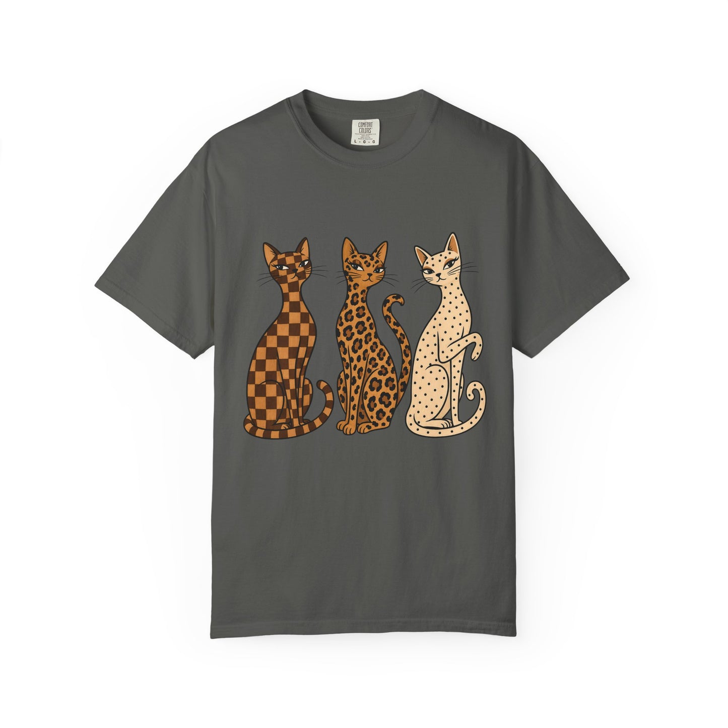 Vintage Cat Trio T-Shirt — Patterned Leopard, Check & Spotted Feline Graphic Tee