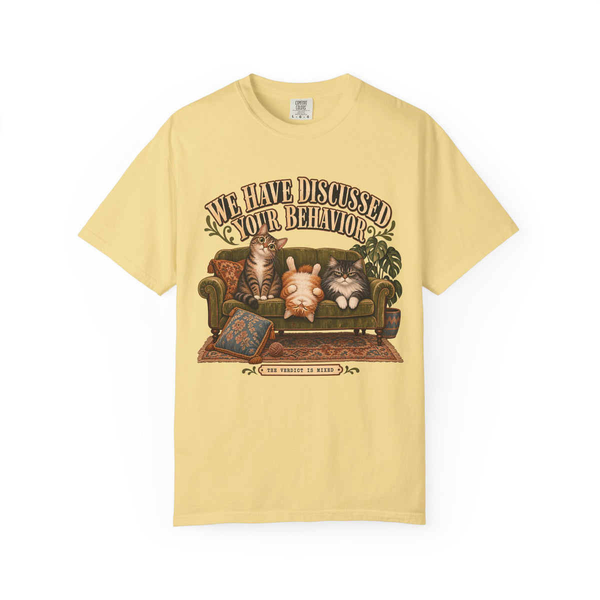 Cat Therapy T-Shirt — "We Have Discussed Your Behavior" Vintage Sofa Graphic
