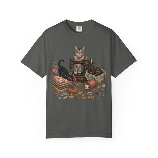 Cat Crafter T-Shirt — Vintage Sewing & Yarn Cat Graphic Tee