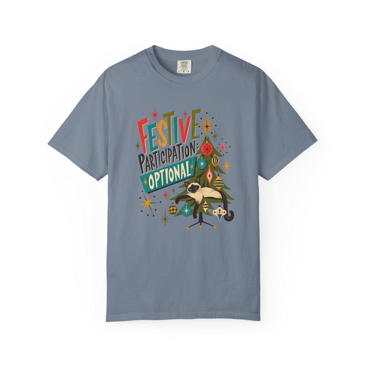 Festive Participation Optional Cat T-Shirt — Retro Christmas Tree Holiday Tee