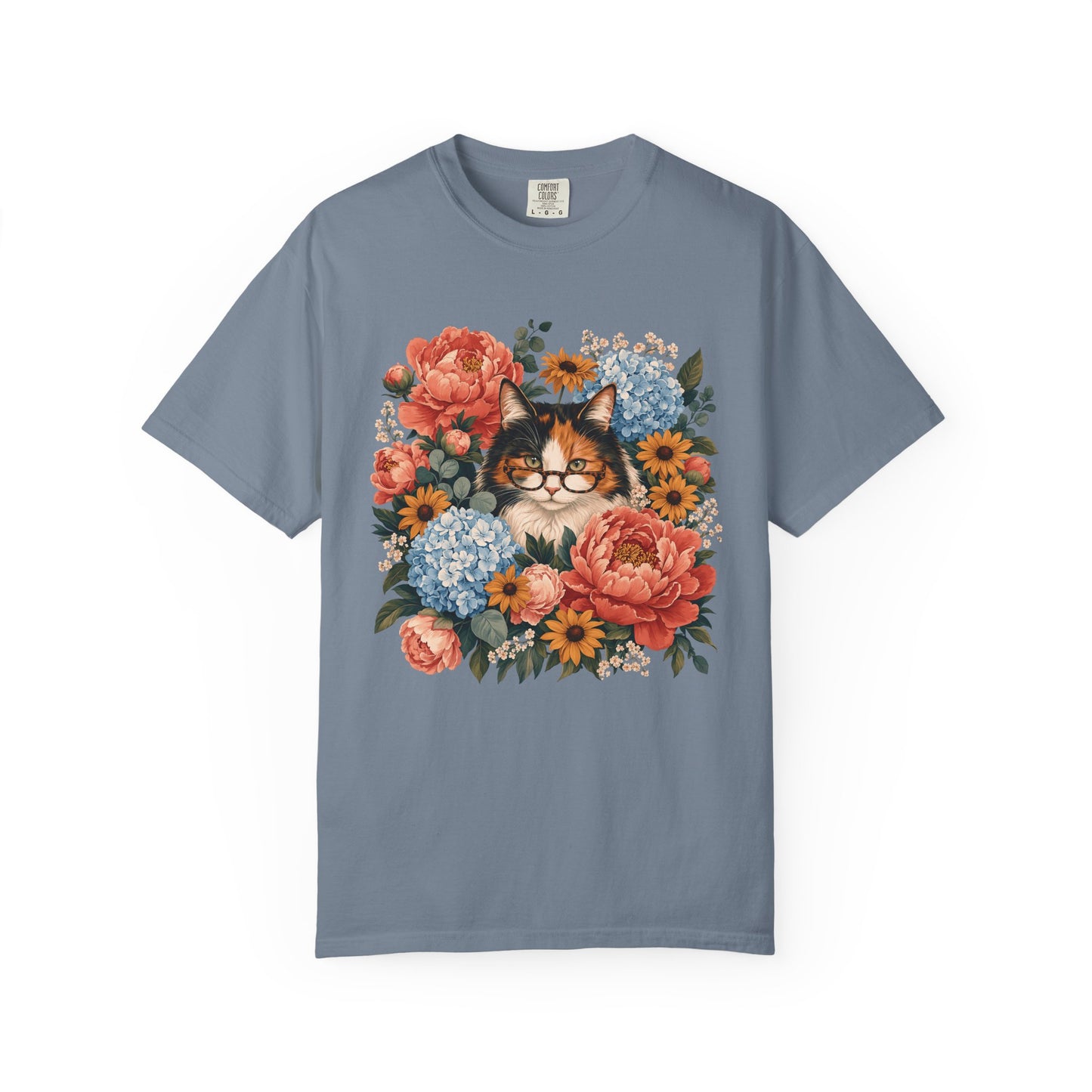 Floral Cat Tee — Vintage Cat in Glasses with Peonies & Hydrangeas